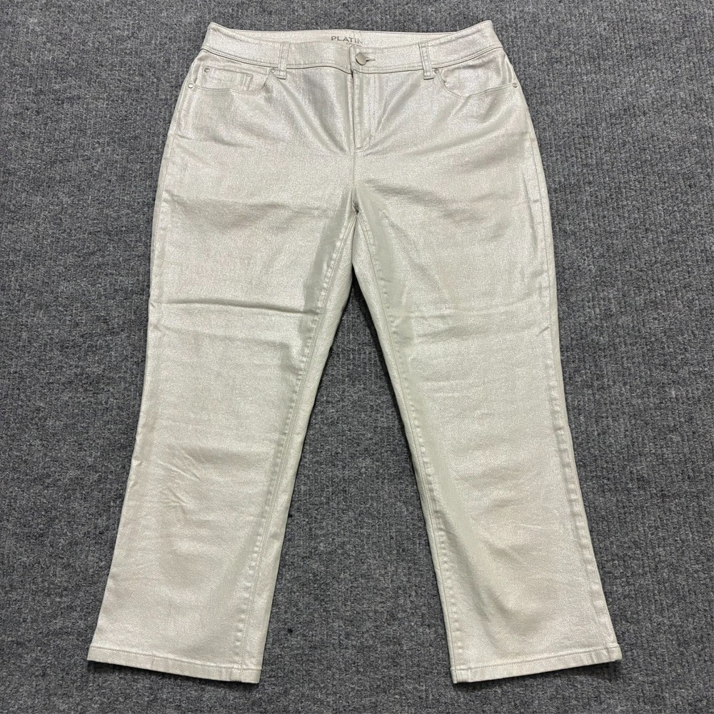Chico's Platinum Womens Jeans Size 1 Crop Silver Metallic Coated‎ Mid Rise